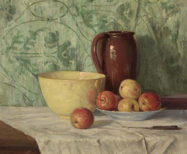 Close-up of an oil still life painting showing grapes, bread, and a glass bottle on a rustic table